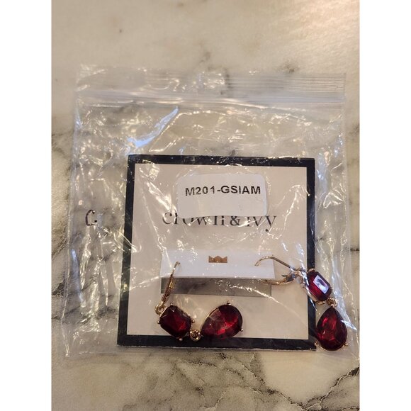 Gold-Tone Crown & Ivy Red Gem Drop Earrings For Women - Picture 2 of 5